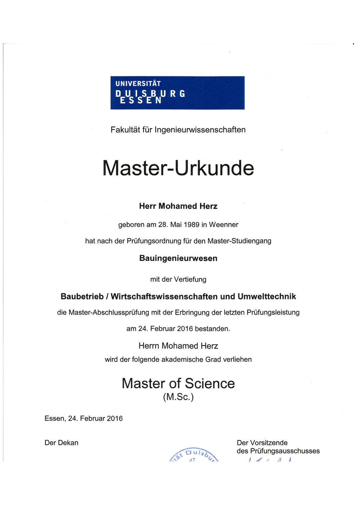 Master-Urkunde Bauingenieurwesen (M.Sc.)