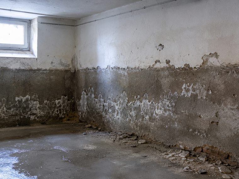 Aufsteigende Feuchtigkeit mit dunkler Feuchtelinie an einer Kellerwand