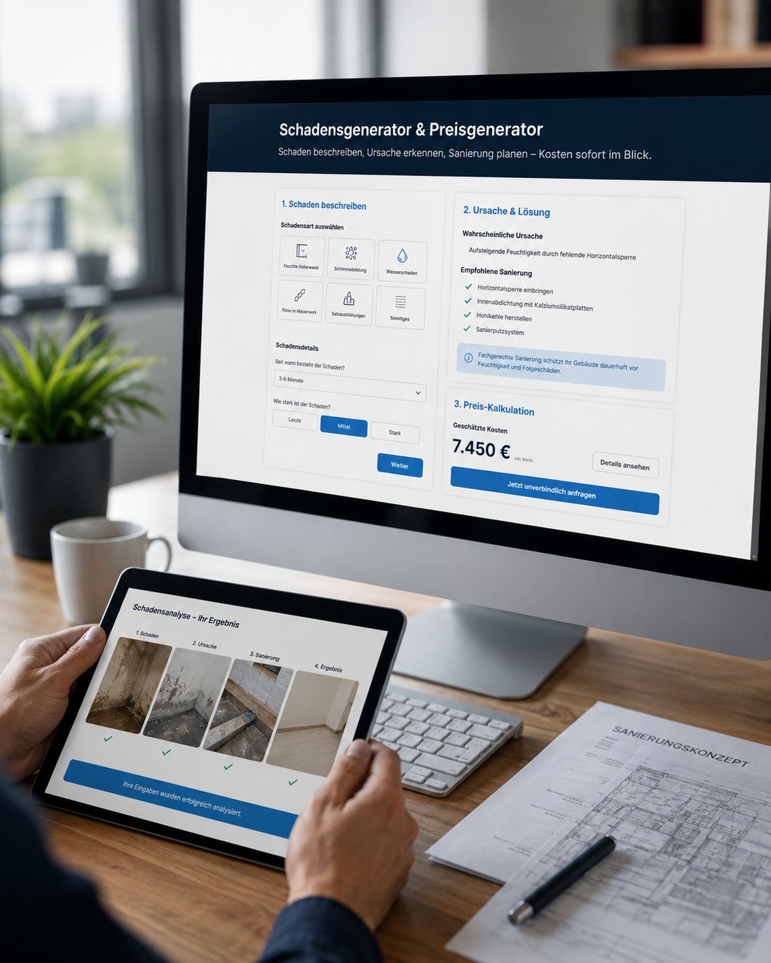 Kunde nutzt den Schaden-Check und Preisgenerator von Drycon Core am Bildschirm und Tablet
