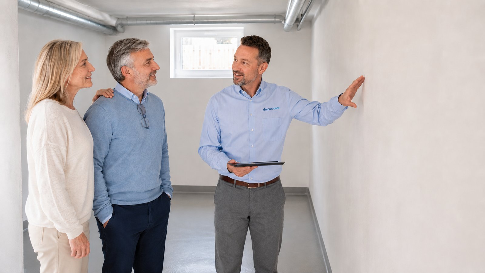 Bauingenieur von Drycon Core zeigt einem Paar die trockene Wand im sanierten Keller