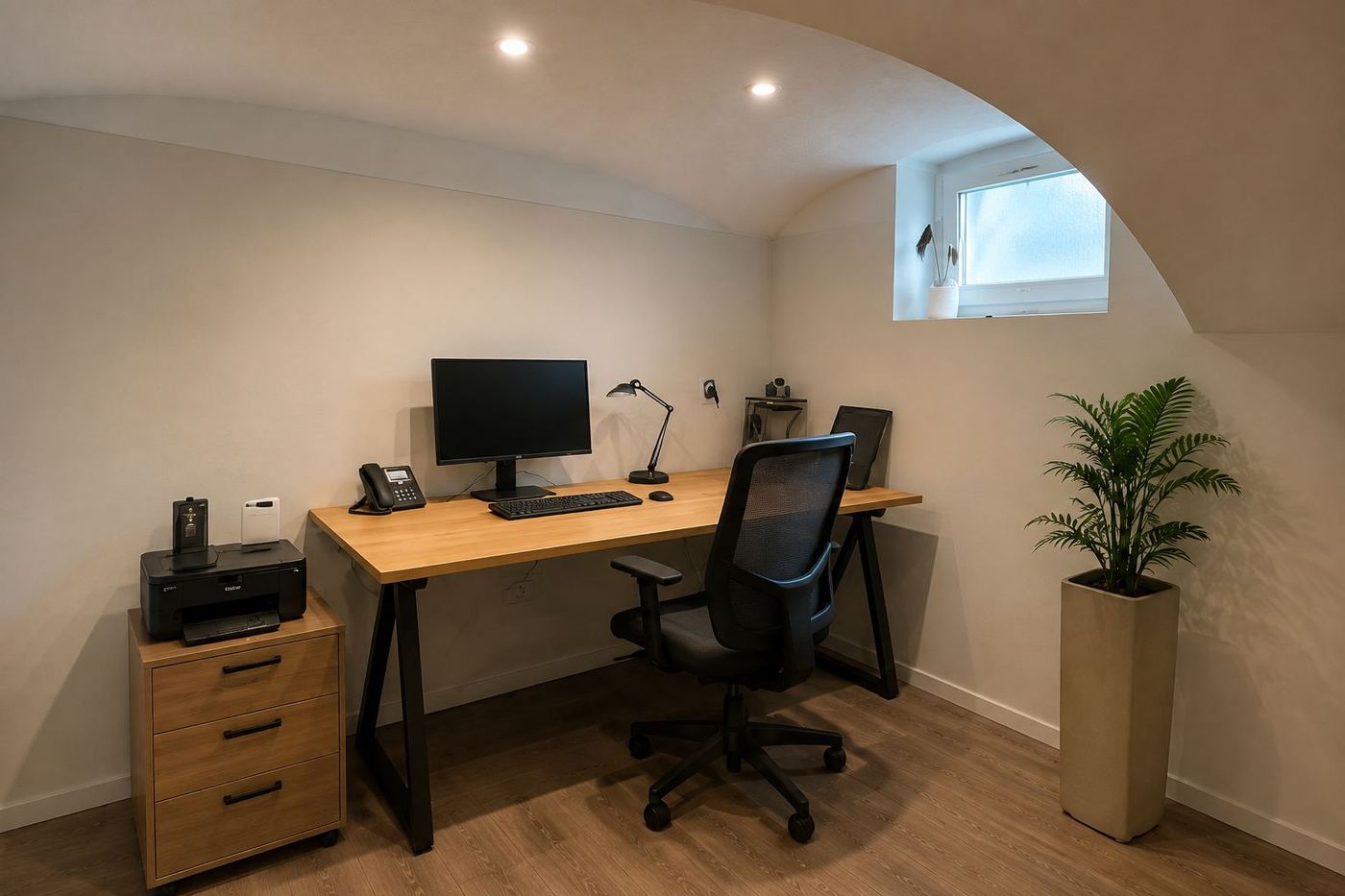 Fertiges Büro im Gewölbekeller mit Schreibtisch und neuem Boden nach dem Ausbau